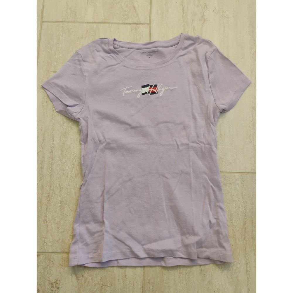 Tommy Hilfiger Logo Tee Womens Medium Purple Crew Neck T-Shirt Short Sleeve Y2K